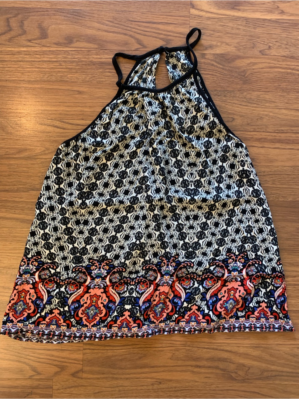 Women's Halter Tank Top in Black with Coral Border Print 100% Rayon XS